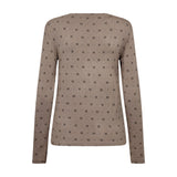 Beige langærmet bluse med sort print af små H'er og prikker, set bagfra