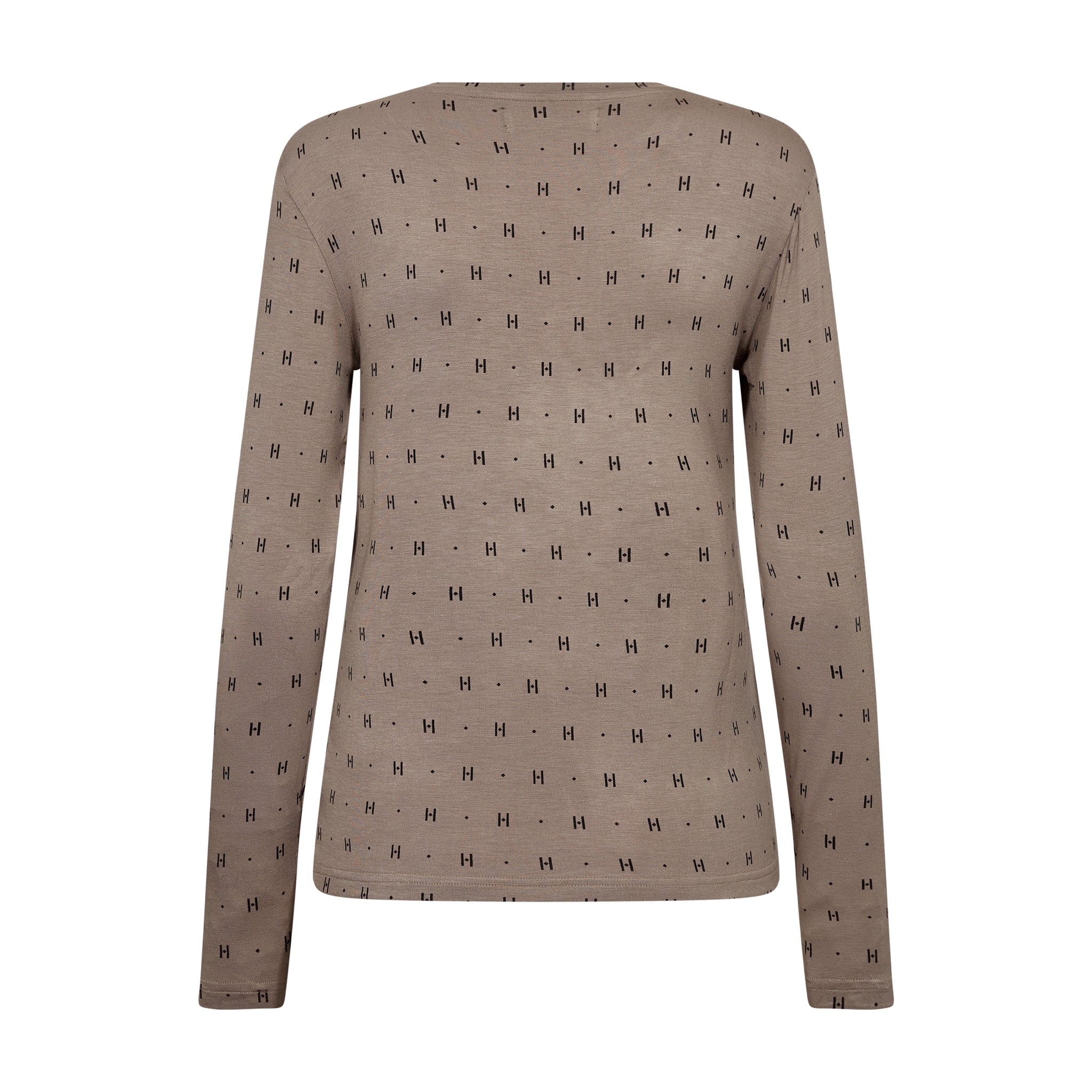 Beige langærmet bluse med sort print af små H'er og prikker, set bagfra