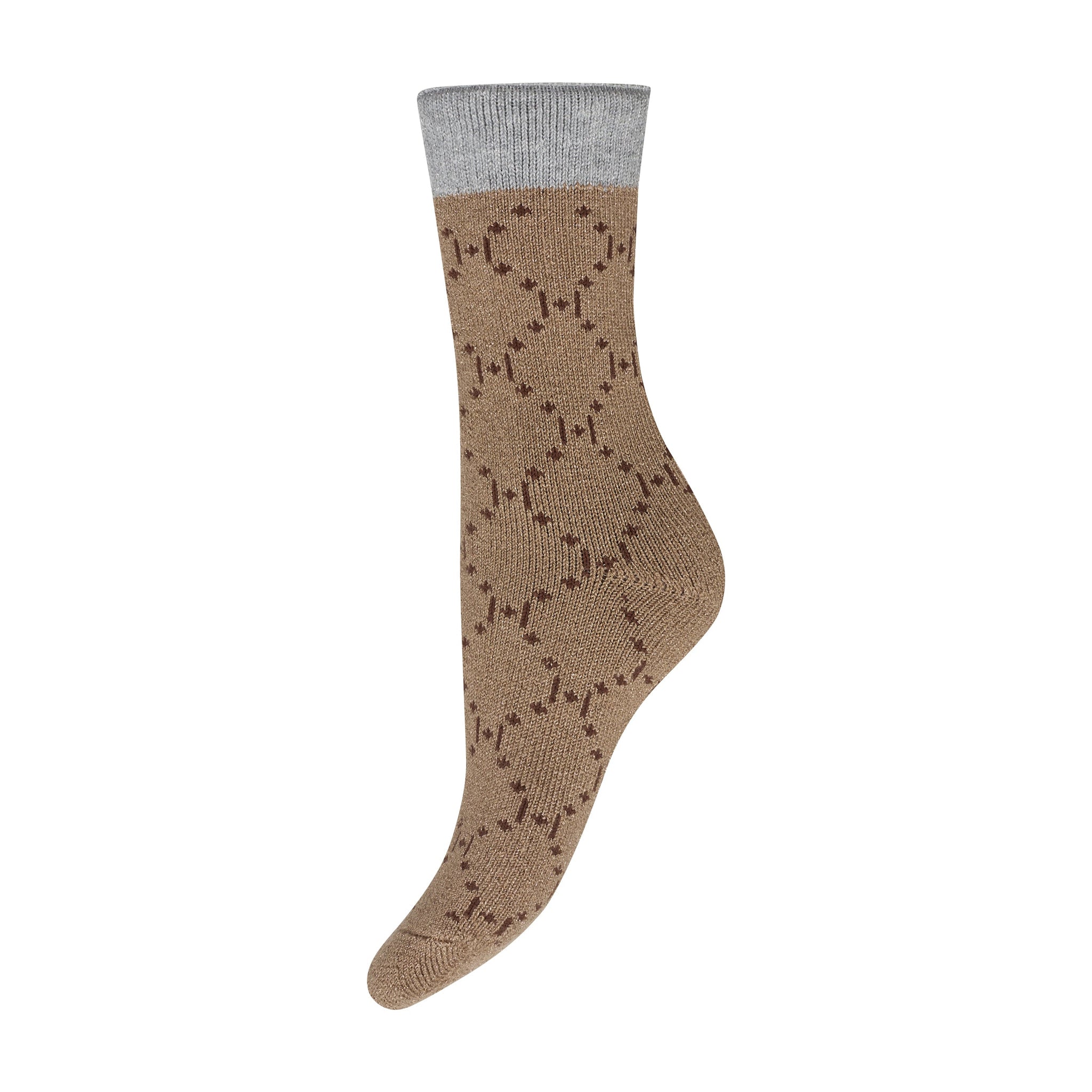 Guldfarvede Cosy Socks fra Hype The Detail med brunt mønster og grå ribkant, set fra siden