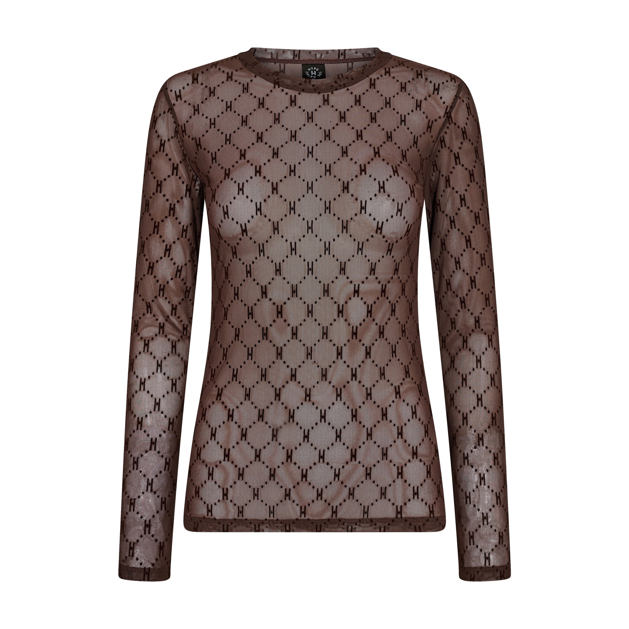 Brun mesh bluse fra Hype The Detail med H-monogram, rund hals og lange ærmer set forfra