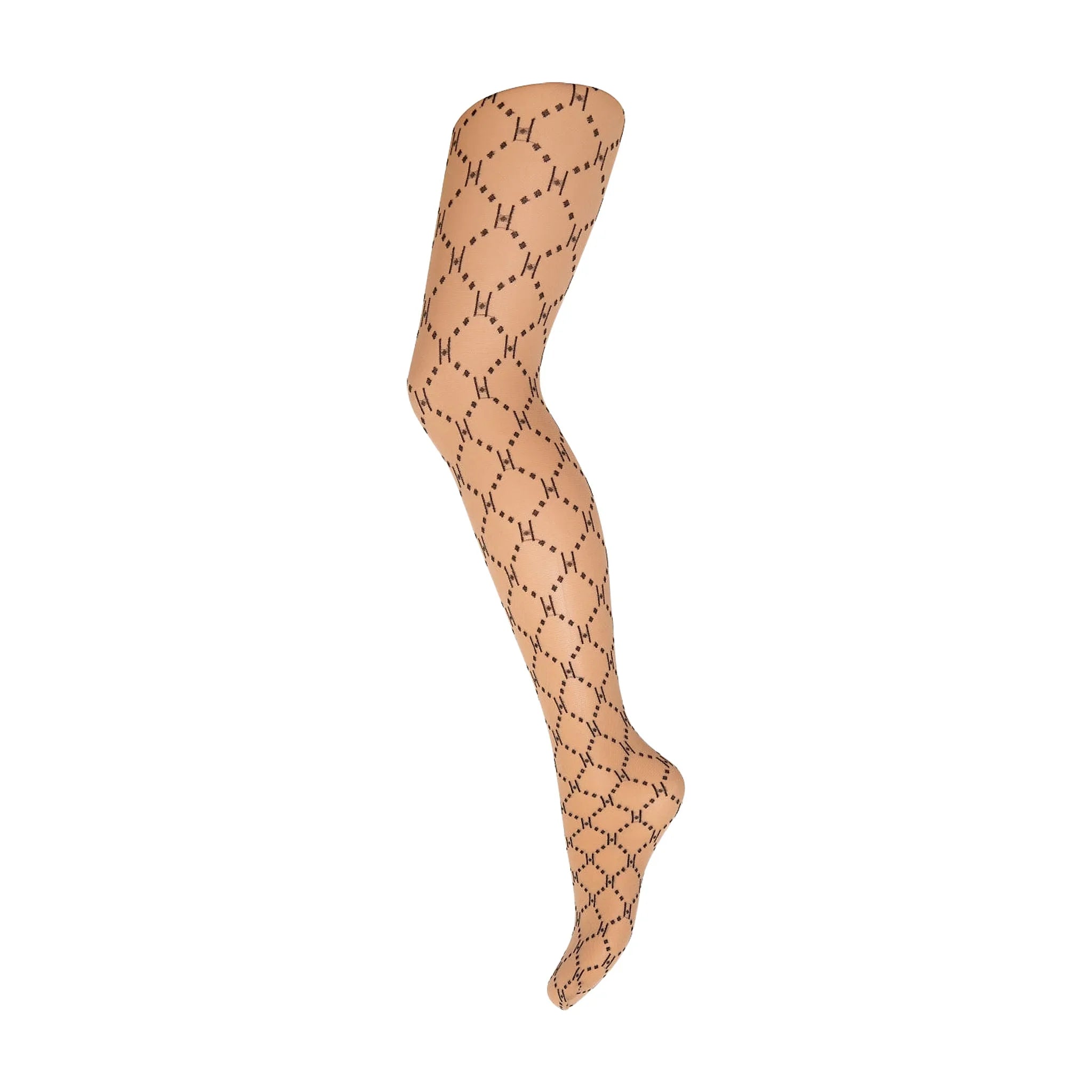 Beige strømpebukser Tight Logo 25d i Golden fra Hype The Detail med mørke H-logoer i rudemønster, vist på benform