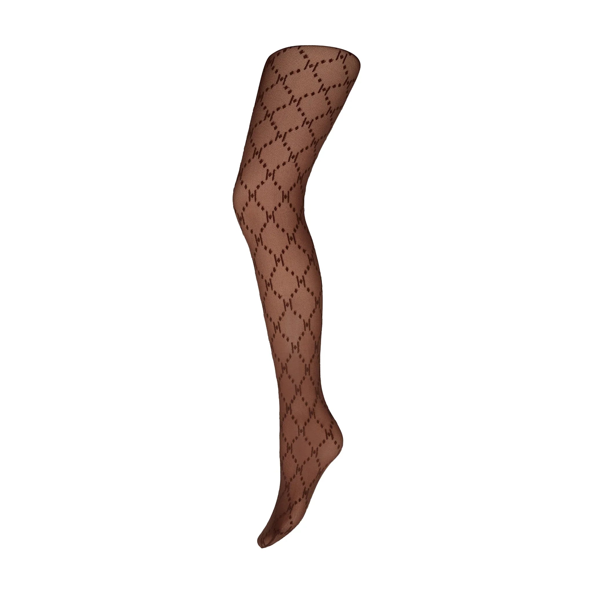 Brune strømpebukser fra Hype The Detail med mørkebrunt H-logo i rudemønster, vist på benform fra siden