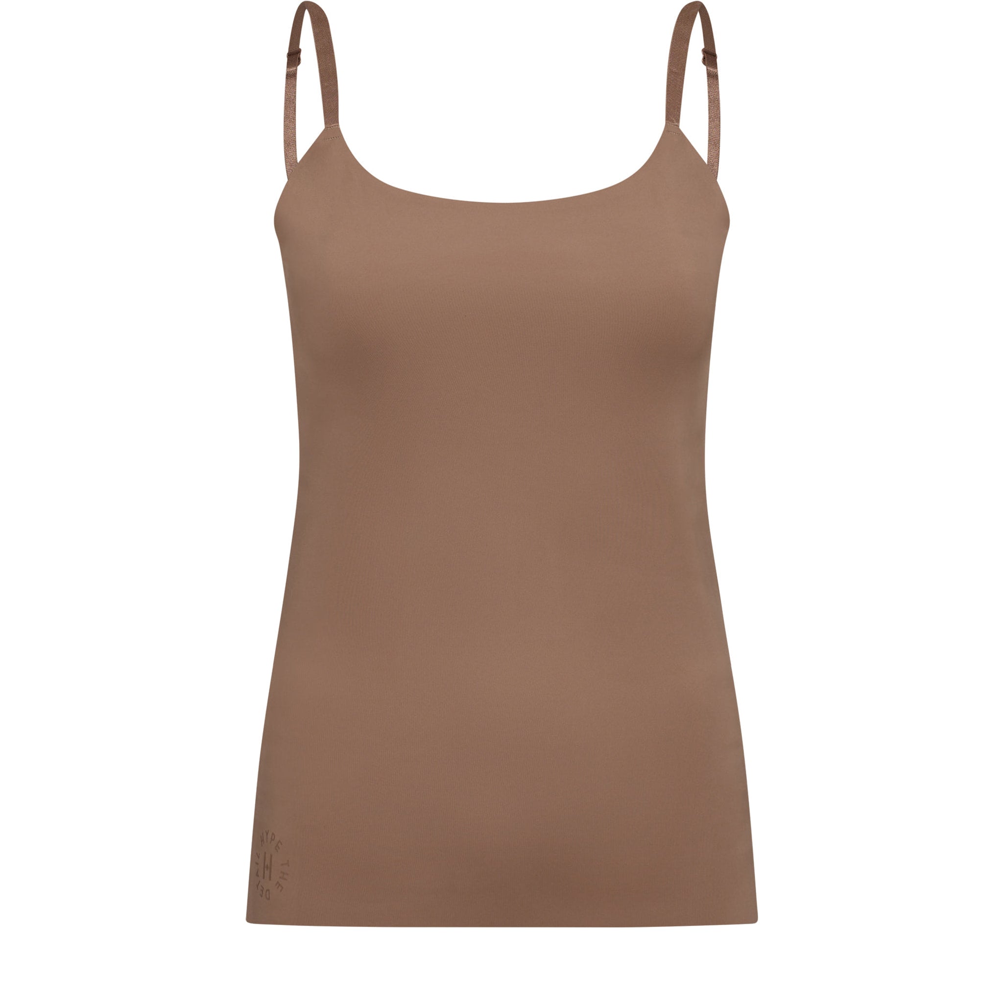 Brun top i farven Camel fra Hype The Detail med tynde stropper og rund halsudskæring set forfra