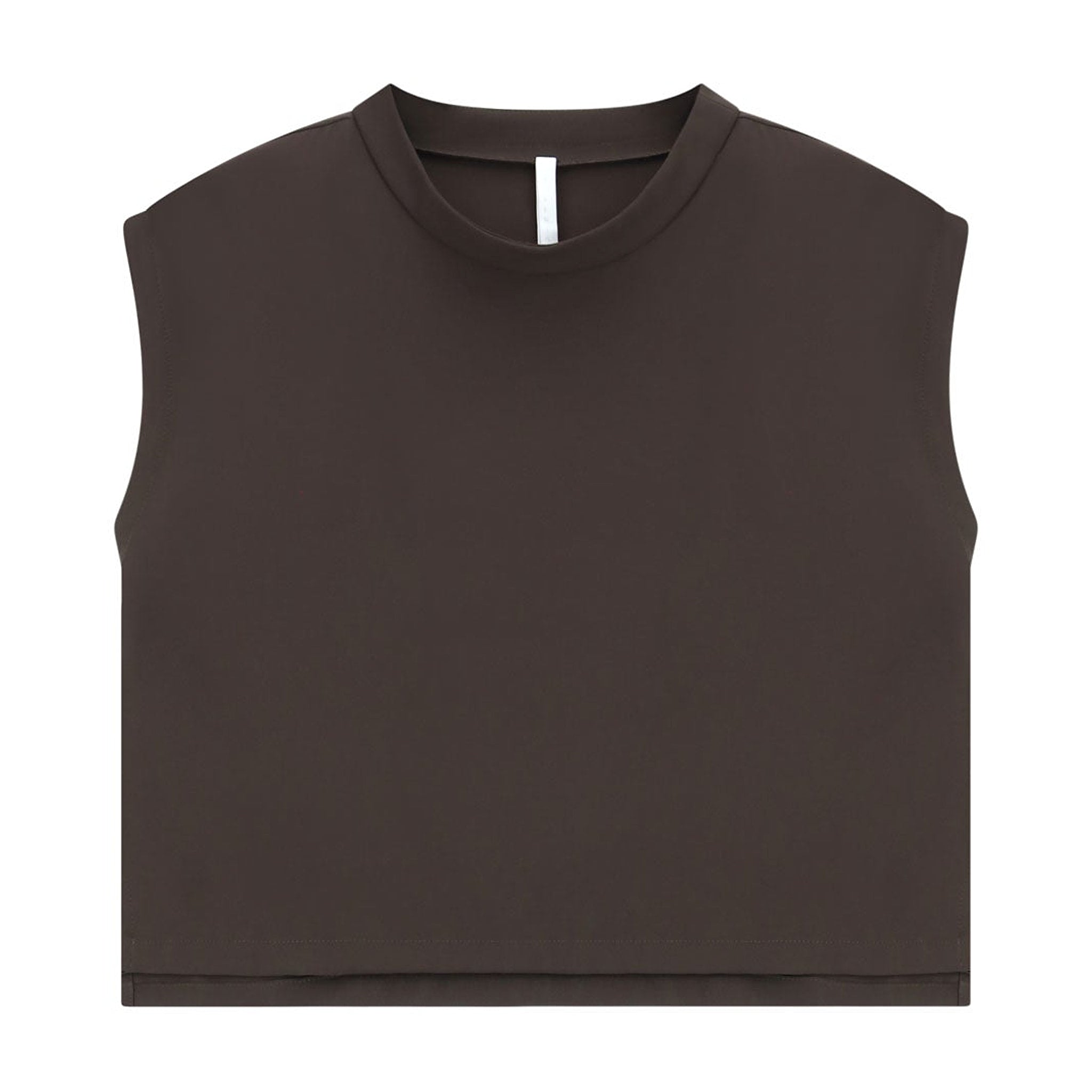Brun t-shirt uden ærmer fra Imperial med kort, lige form og rund, høj halsudskæring, set forfra