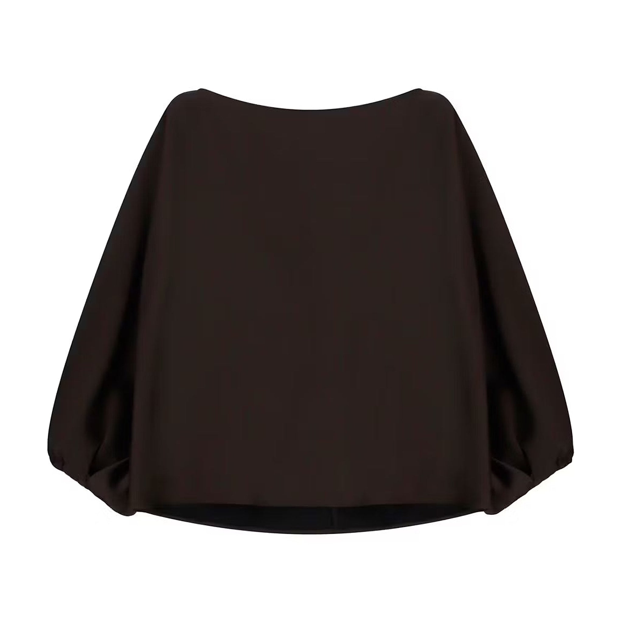 Brun bluse fra Imperial i Dark Coffee set forfra med bred halsudskæring og vide ærmer samlet ved håndleddet
