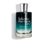 Juliette Has a Gun Ego Stratis parfume i blågrøn glasflaske med sølvfarvet låg, set forfra på hvid baggrund