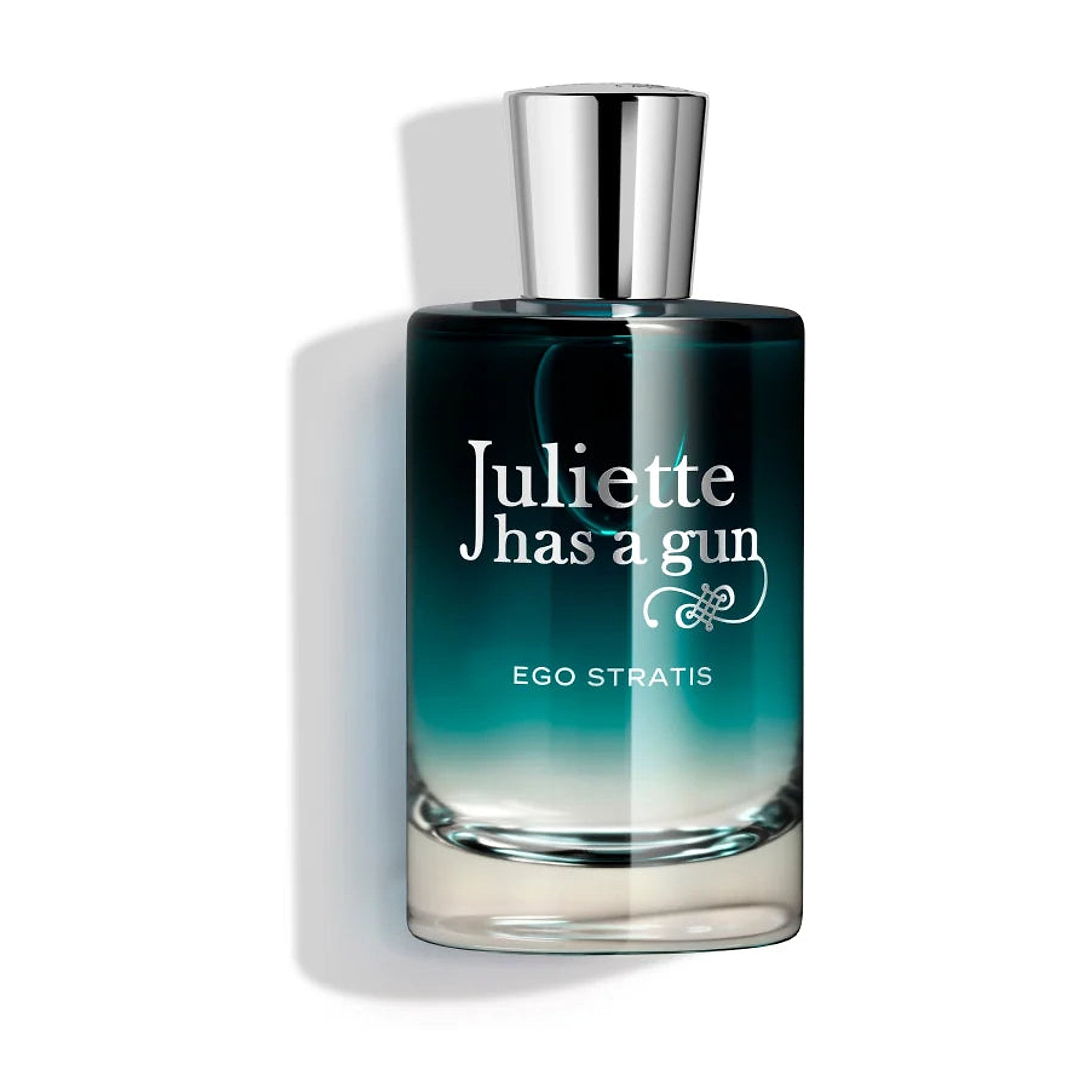 Juliette Has a Gun Ego Stratis parfume i blågrøn glasflaske med sølvfarvet låg, set forfra på hvid baggrund