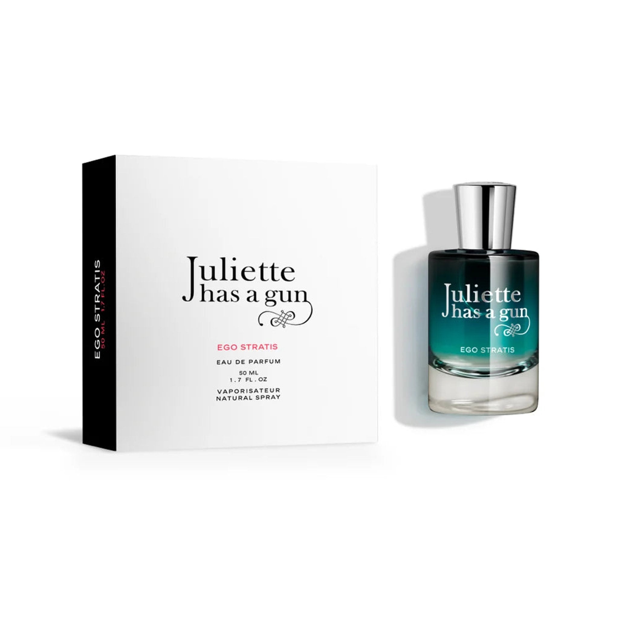 Ego Stratis parfume fra Juliette Has a Gun stillet ved siden af sin hvide æske med sort side