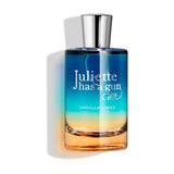 Vanilla Vibes parfume fra Juliette Has a Gun med sølvfarvet låg og blå til orange flaske, set forfra
