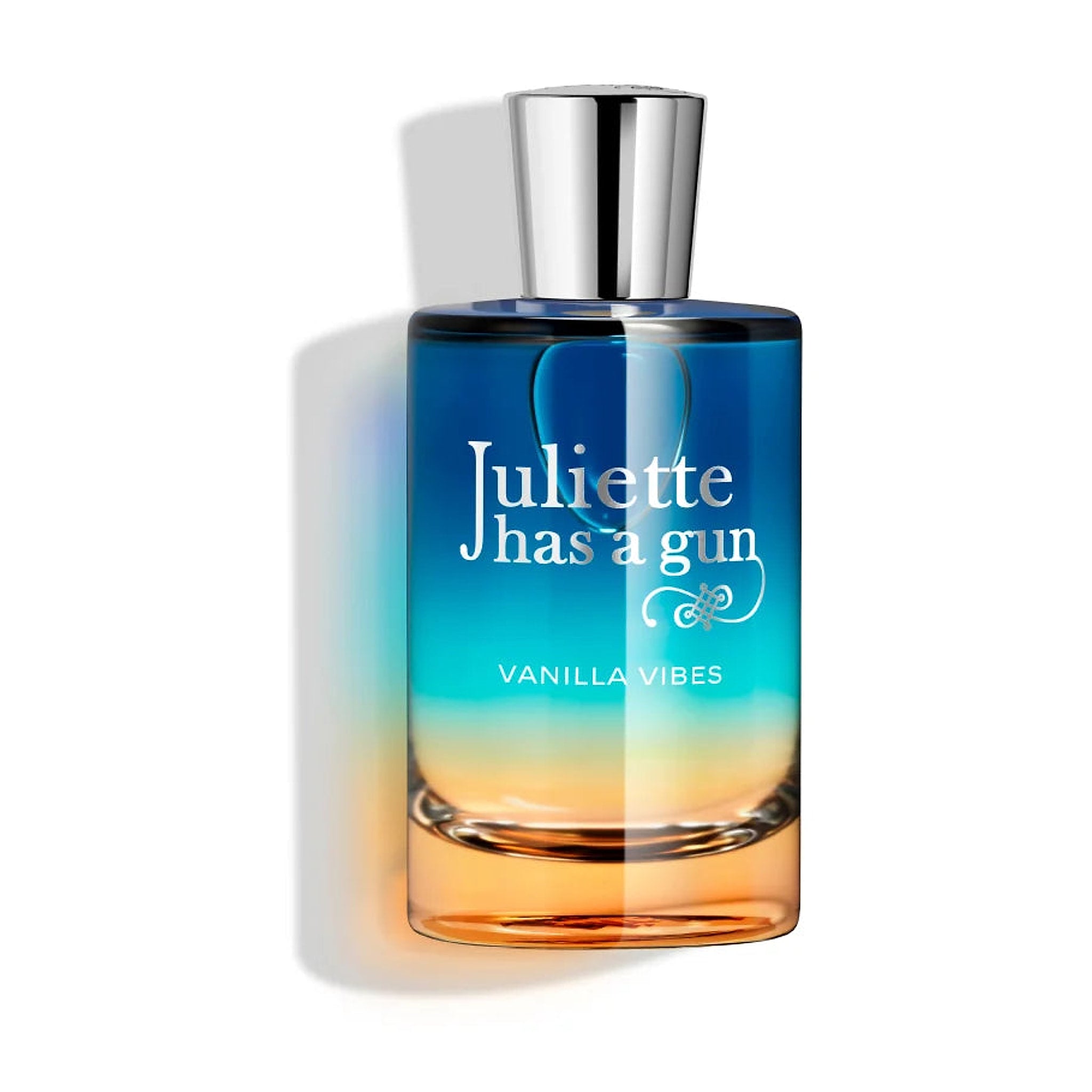 Vanilla Vibes parfume fra Juliette Has a Gun med sølvfarvet låg og blå til orange flaske, set forfra