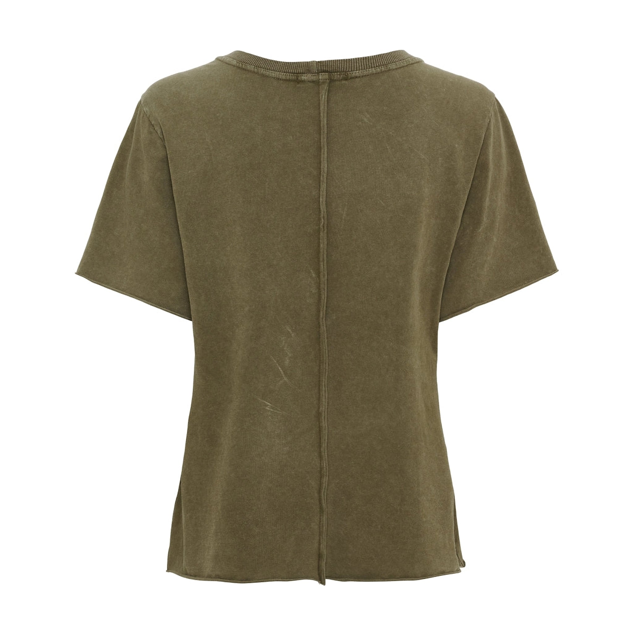 Grøn t-shirt i Military set bagfra med synlig søm midt på ryggen og rå kanter