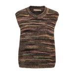 Brun vest i strik fra Marta du Chateau med flerfarvede striber og rund hals, set forfra