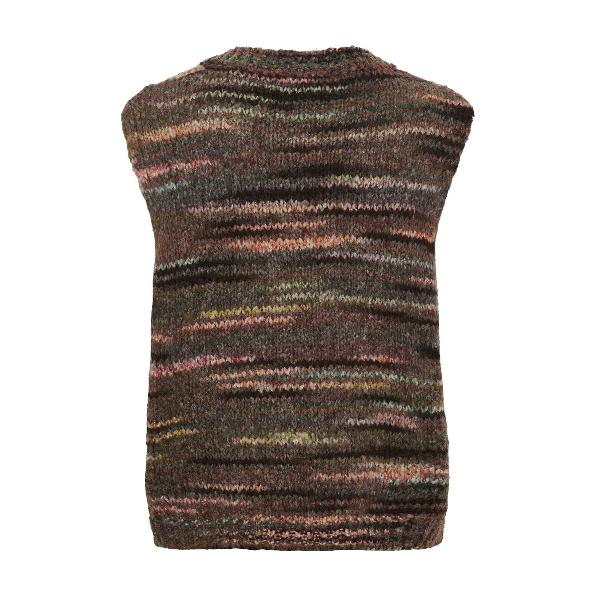 Brun vest i strik fra Marta du Chateau med flerfarvede striber, set bagfra
