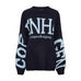 Navy strik Aria Knit forfra med lyseblå Copenhagen-tekst og store bogstaver på ærmerne