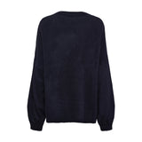 Navy strik Aria Knit bagfra i ensfarvet mørkeblå med ribkant ved hals, ærmer og bund