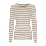 Stribet langærmet t-shirt i beige og råhvid med rund hals set forfra