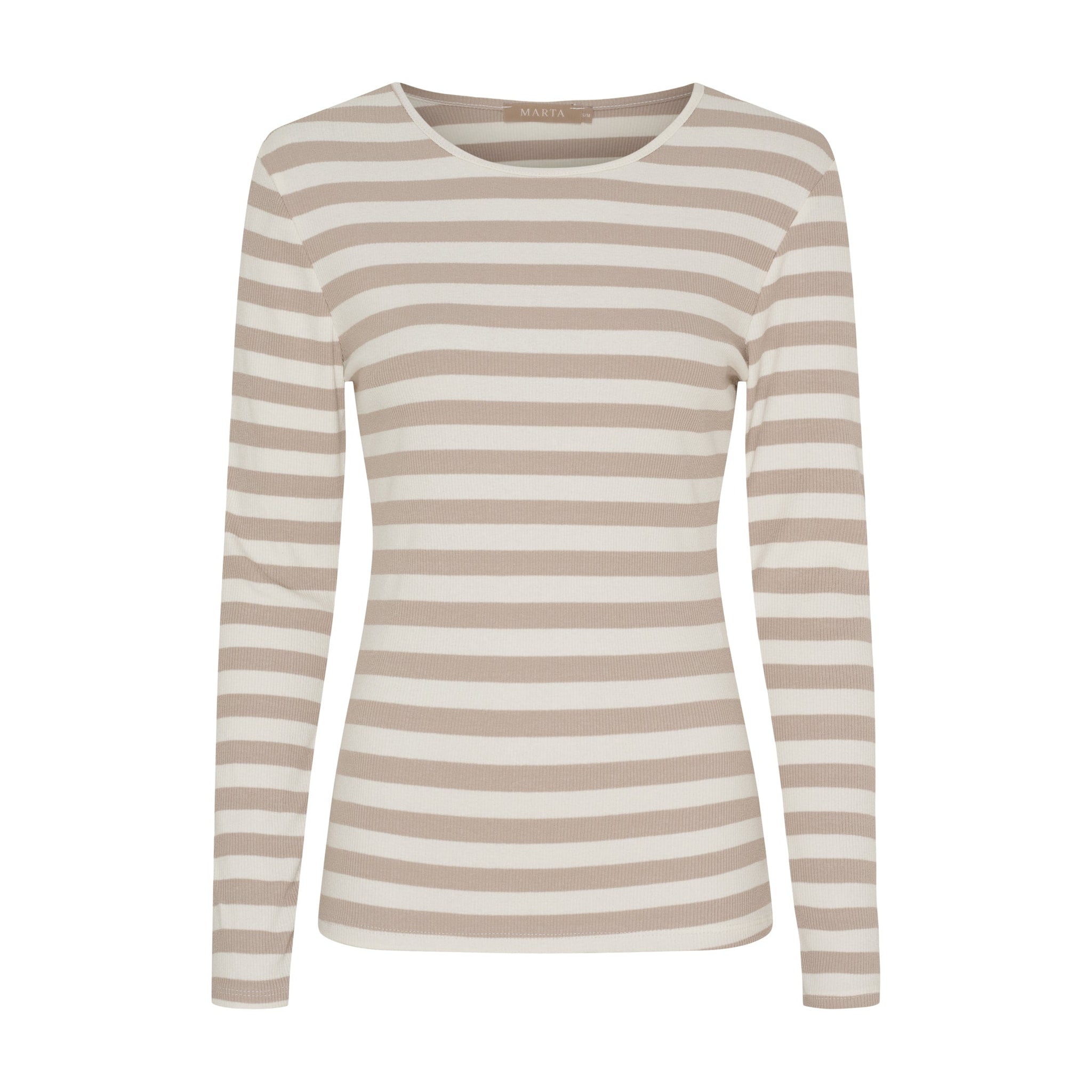 Stribet langærmet t-shirt i beige og råhvid med rund hals set forfra