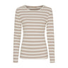 Stribet langærmet t-shirt i beige og råhvid med rund hals set forfra