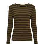 Brun og grøn stribet t-shirt med lange ærmer og rund hals fra Marta du Chateau set forfra