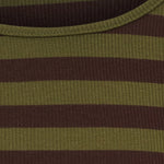 Nærbillede af ribstruktur og rund hals på brun og grøn stribet t-shirt