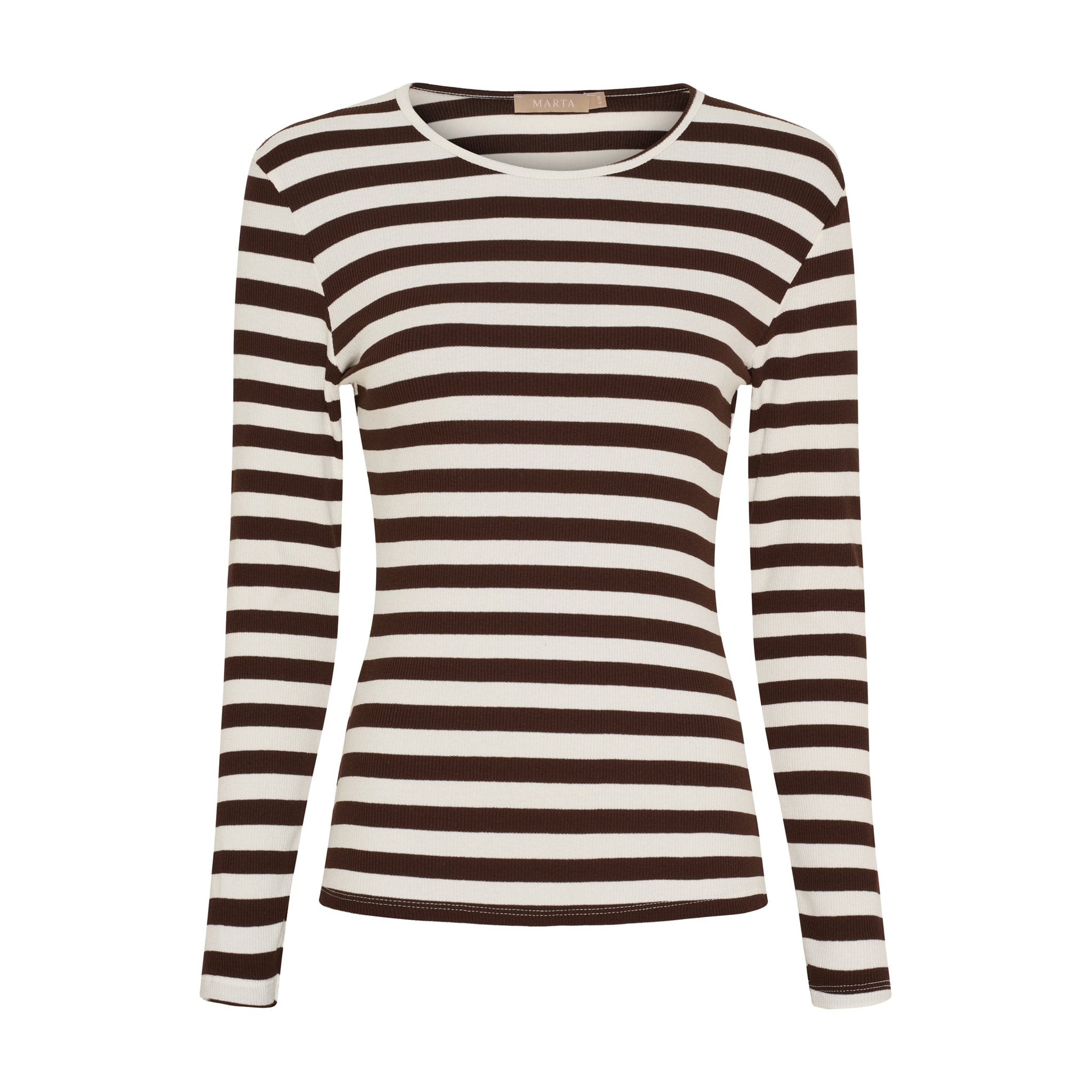 Brun og cremehvid stribet langærmet t-shirt i rib med rund hals fra Marta du Chateau set forfra