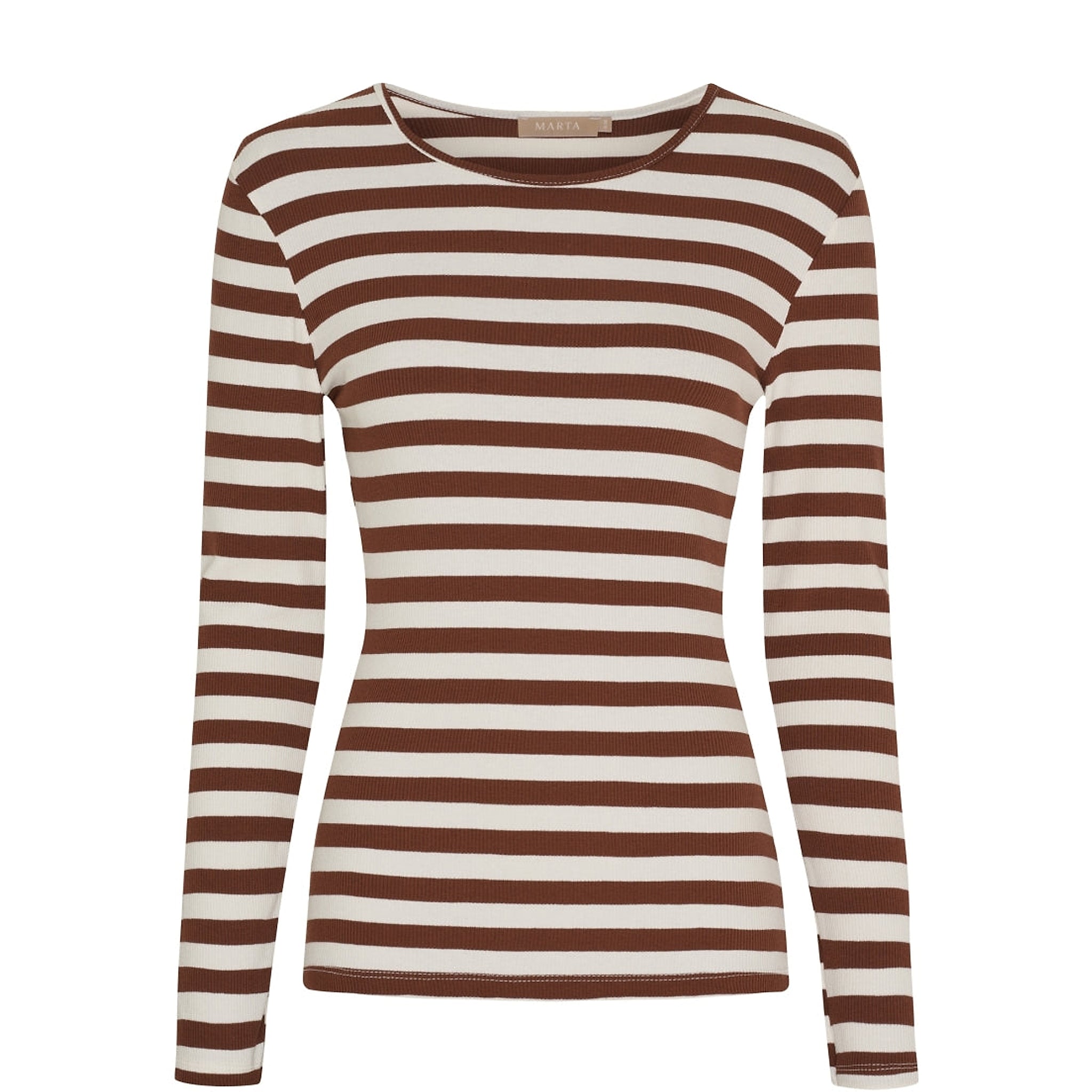 Brun og cremehvid stribet t-shirt med lange ærmer og rund hals set forfra