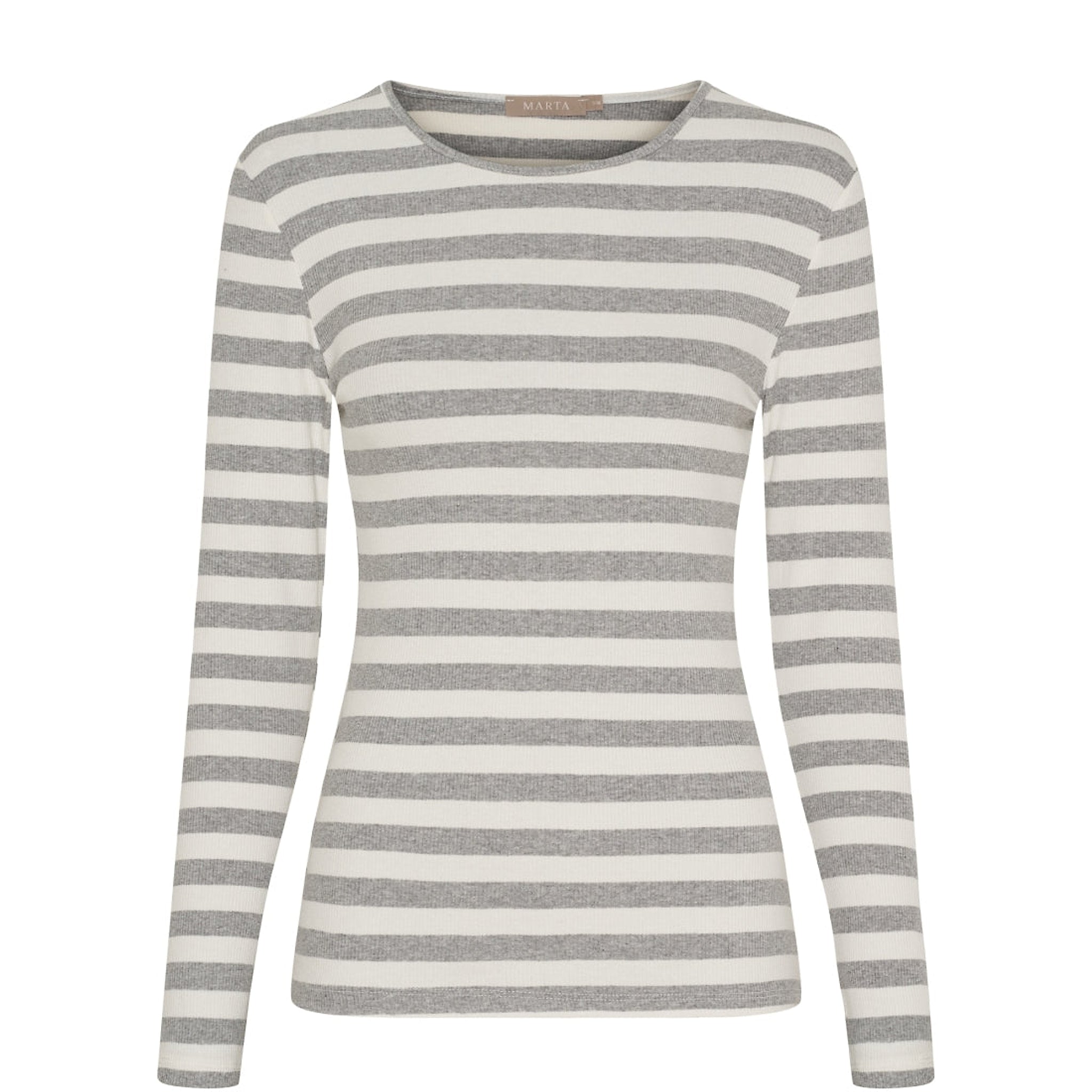 Grå og råhvid stribet t-shirt med lange ærmer og rund hals fra Marta du Chateau set forfra