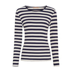 Navy og råhvid stribet t-shirt med lange ærmer og rund hals fra Marta du Chateau set forfra