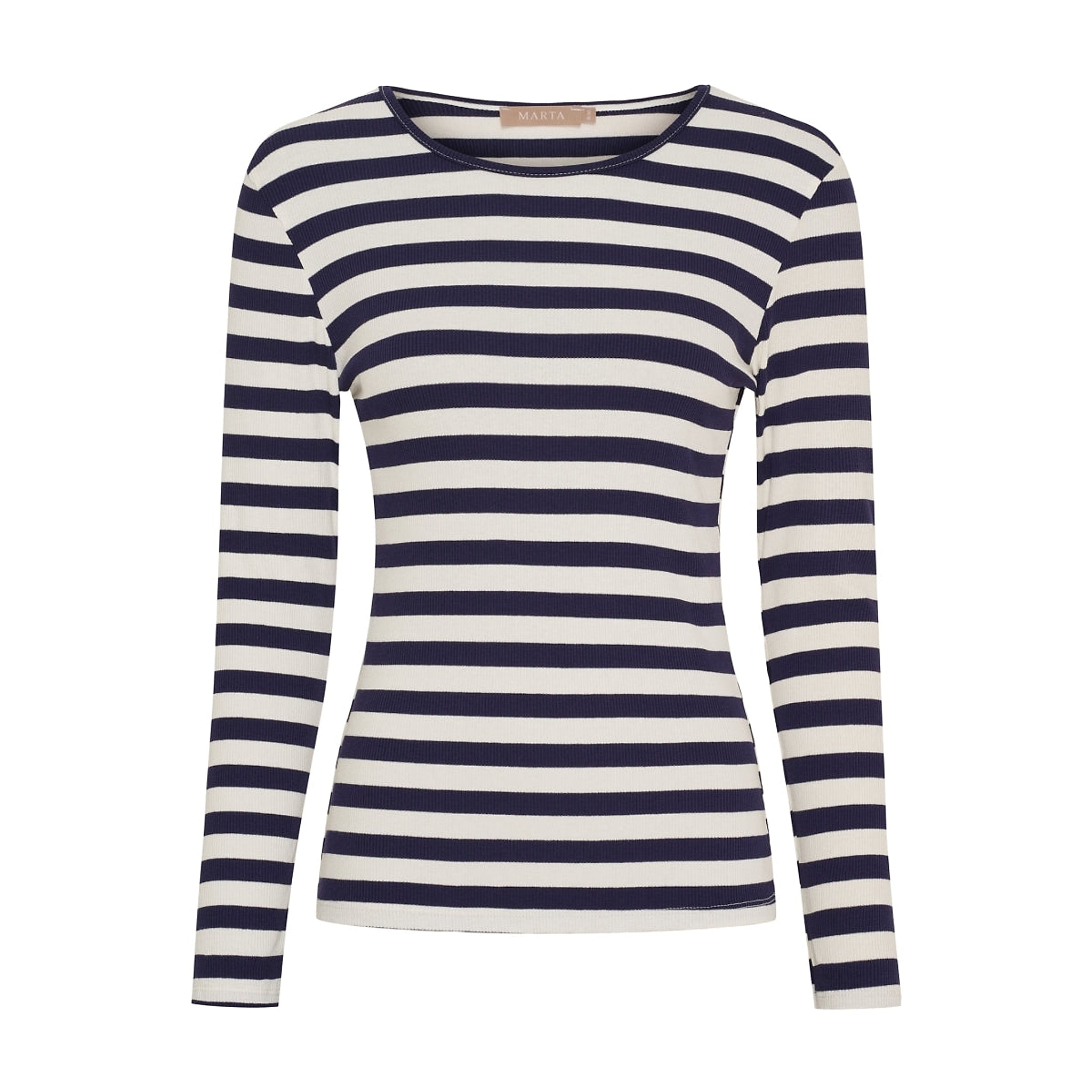 Navy og råhvid stribet t-shirt med lange ærmer og rund hals fra Marta du Chateau set forfra