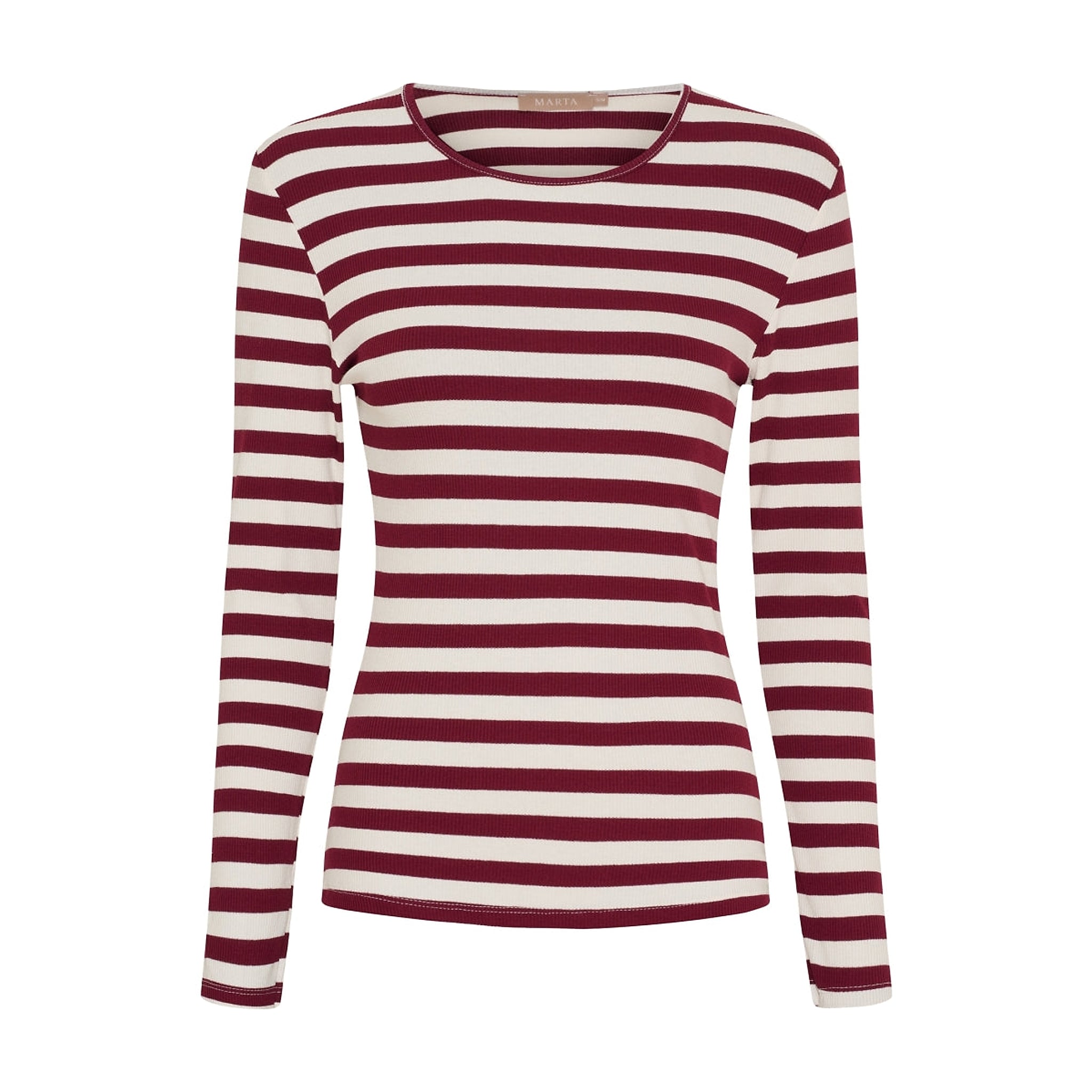 Rød og råhvid stribet t-shirt med lange ærmer og rund hals fra Marta du Chateau, set forfra