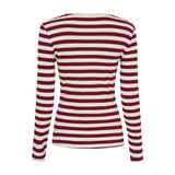 Bordeaux stribet t-shirt med lange ærmer i rib, set bagfra