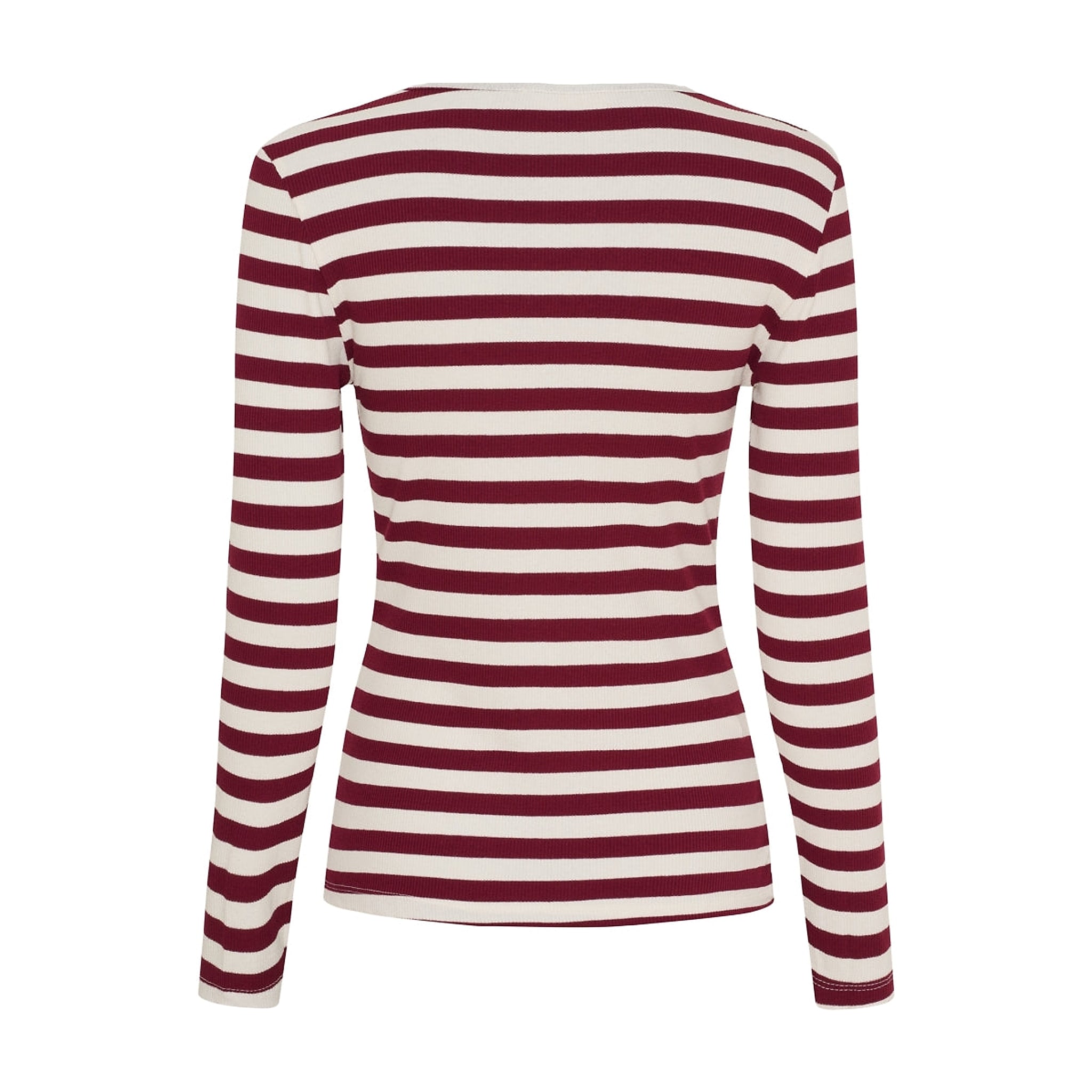 Bordeaux stribet t-shirt med lange ærmer i rib, set bagfra