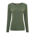 Grøn bluse med lange ærmer og rund hals fra Marta du Chateau, Elissa Top i Military, set forfra