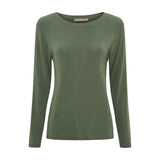 Grøn bluse med lange ærmer og rund hals fra Marta du Chateau, Elissa Top i Military, set forfra