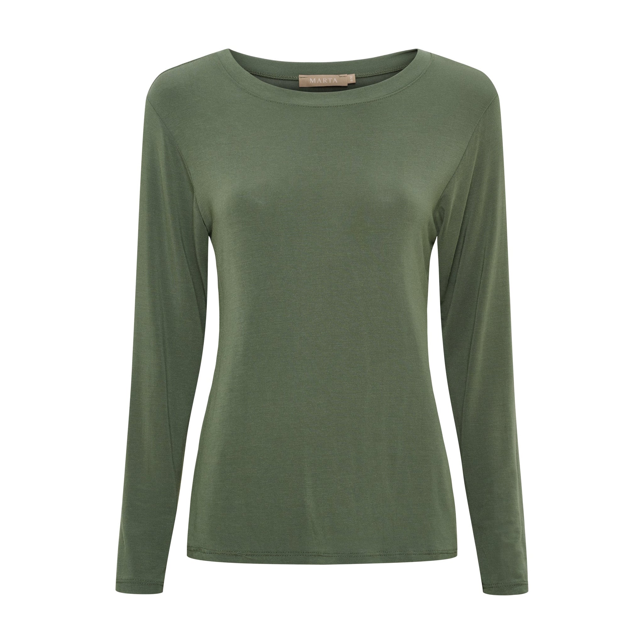 Grøn bluse med lange ærmer og rund hals fra Marta du Chateau, Elissa Top i Military, set forfra