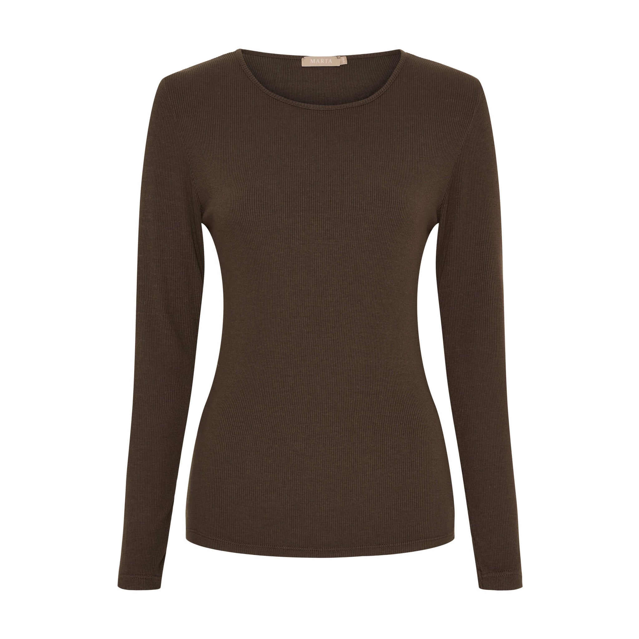 Brun langærmet t-shirt i rib med rund hals fra Marta du Chateau set forfra