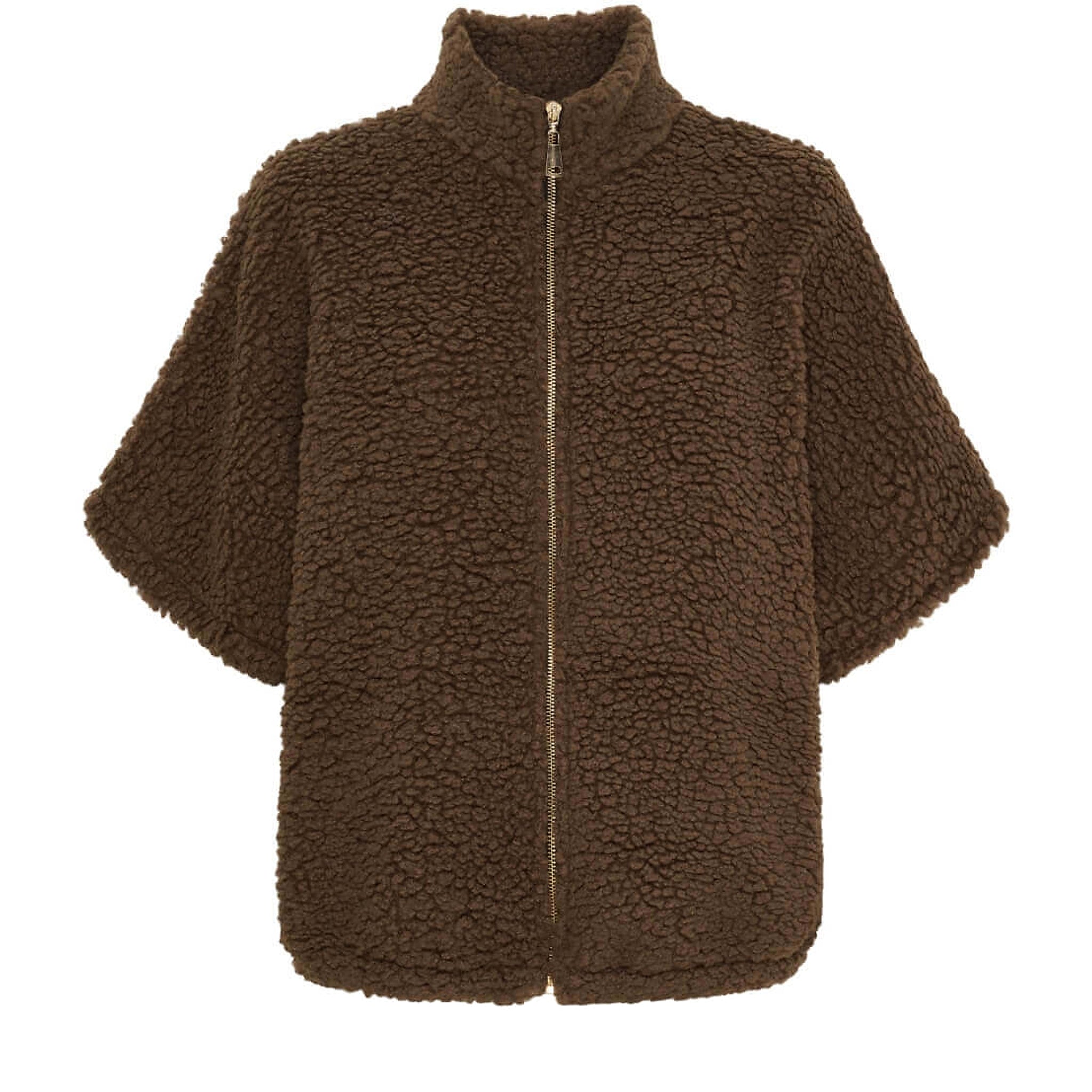Brun teddy vest Johanna fra Marta du Chateau forfra med høj krave, korte vide ærmer og lynlås i guldfarve