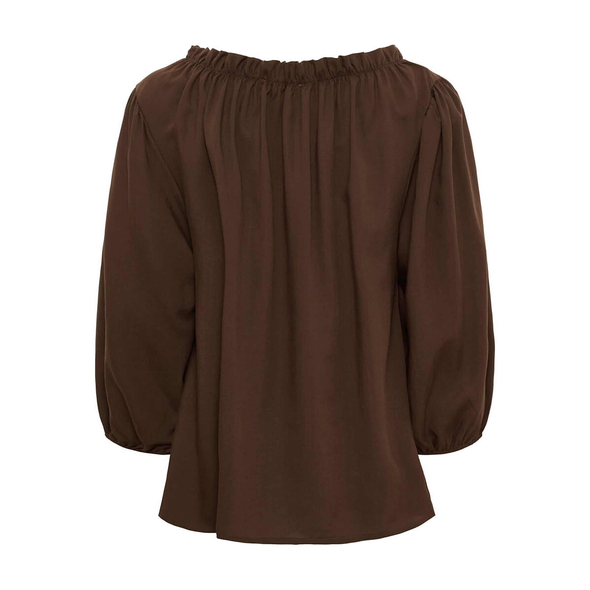 Brun bluse Juniper fra Marta du Chateau i farven Moro set bagfra med rynket kant ved nakken