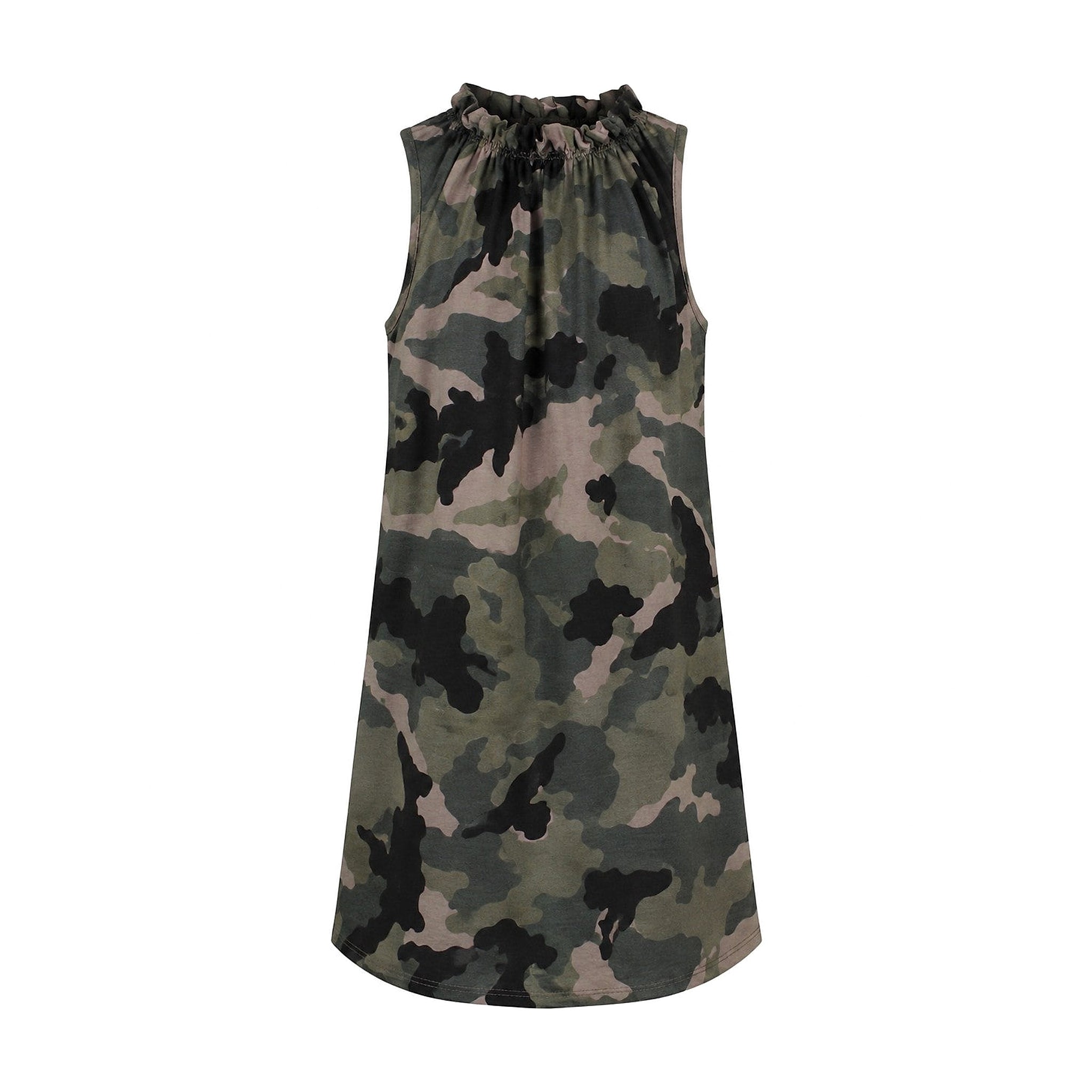 Kort grøn kjole med camouflageprint fra Marta du Chateau, ærmeløs med høj rynket hals, set forfra