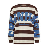 Brun og cremehvid stribet sweatshirt med stort blåt Copenhagen-print på bryst og ærmer set forfra