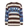 Brun og cremehvid stribet sweatshirt med stort blåt Copenhagen-print på bryst og ærmer set forfra