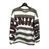 Grøn og cremehvid stribet sweatshirt med stort brunt Copenhagen-print på bryst og ærmer, set forfra på bøjle