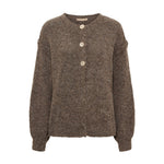 Brun cardigan i meleret strik med rund hals og tre guldfarvede knapper, set forfra