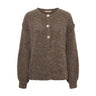 Brun cardigan i meleret strik med rund hals og tre guldfarvede knapper, set forfra