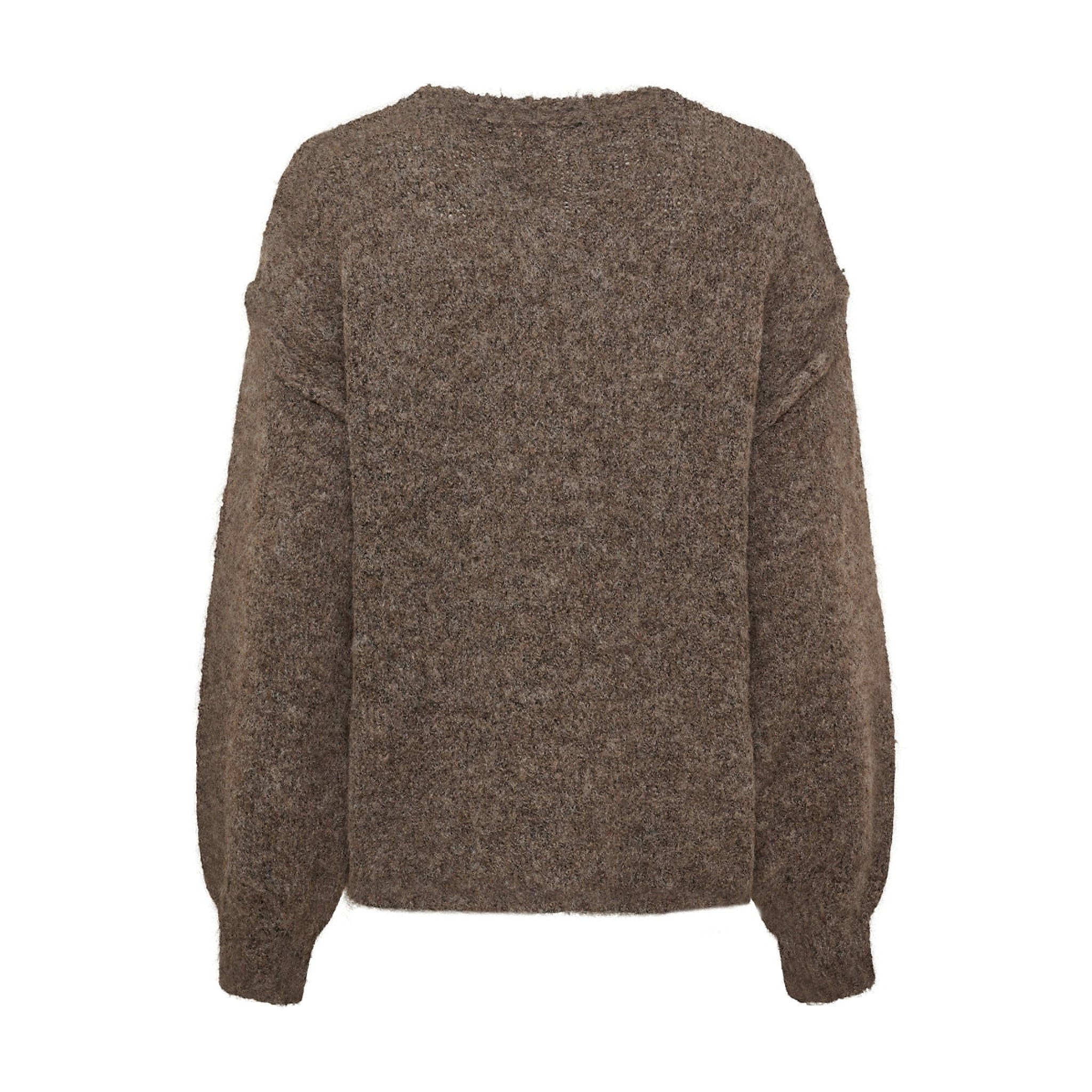 Brun cardigan i meleret strik med lange ærmer med vidde og ribkant, set bagfra