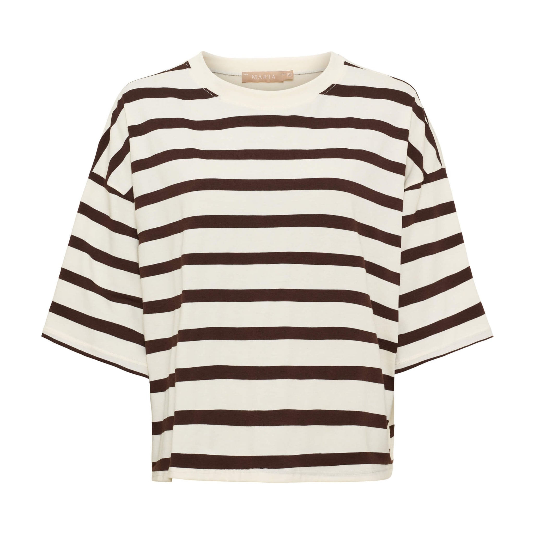 Brun og råhvid stribet t-shirt Sage Tee fra Marta du Chateau med rund hals og vide ærmer set forfra