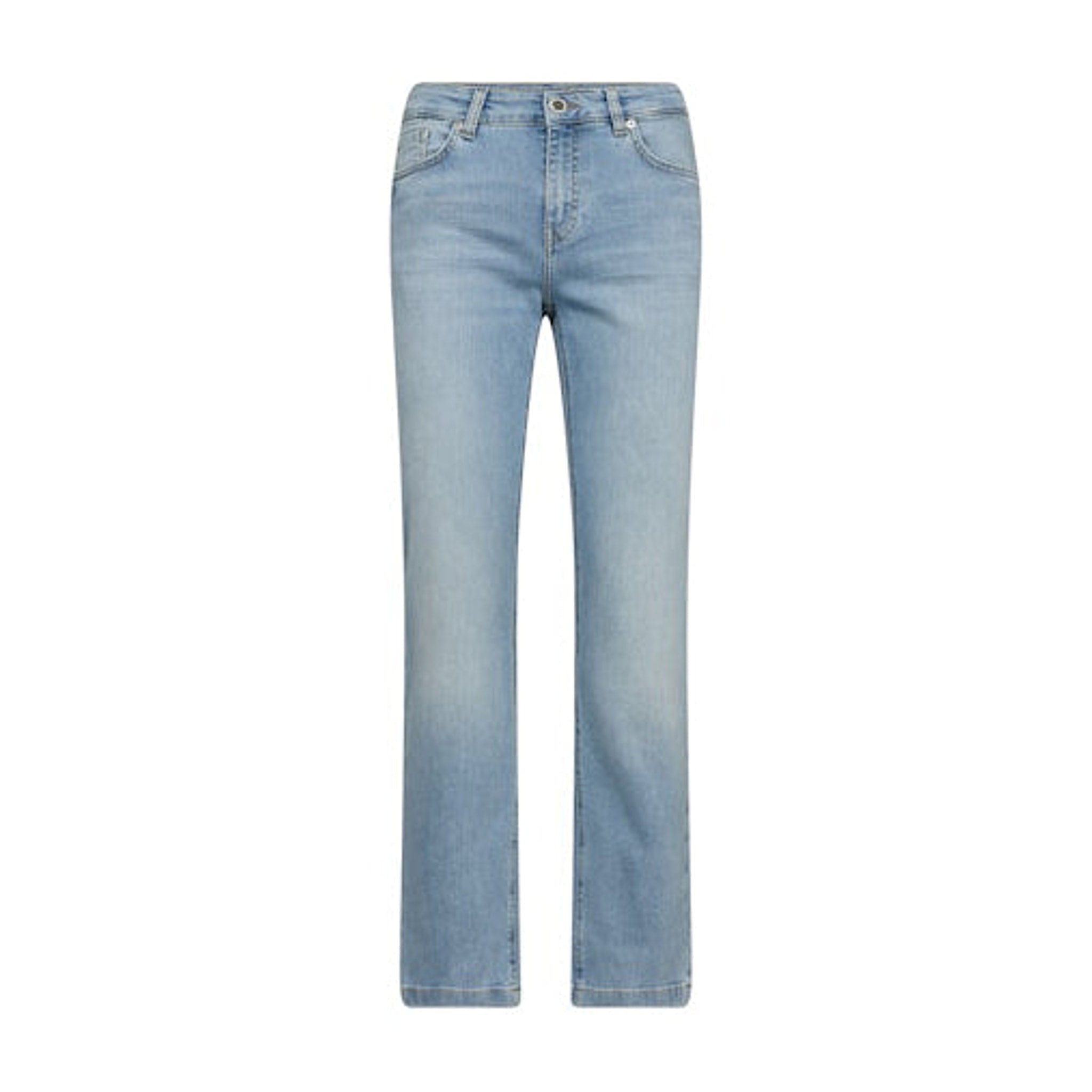Lyseblå straight jeans fra Mos Mosh i Light Blue set forfra med knap, bæltestropper og lommer