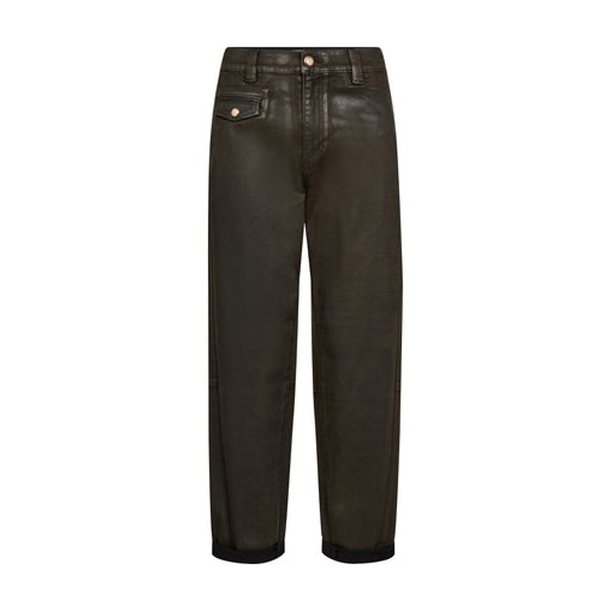 Brune coated barrel bukser fra Mos Mosh set forfra med knap i linningen og lomme med klap