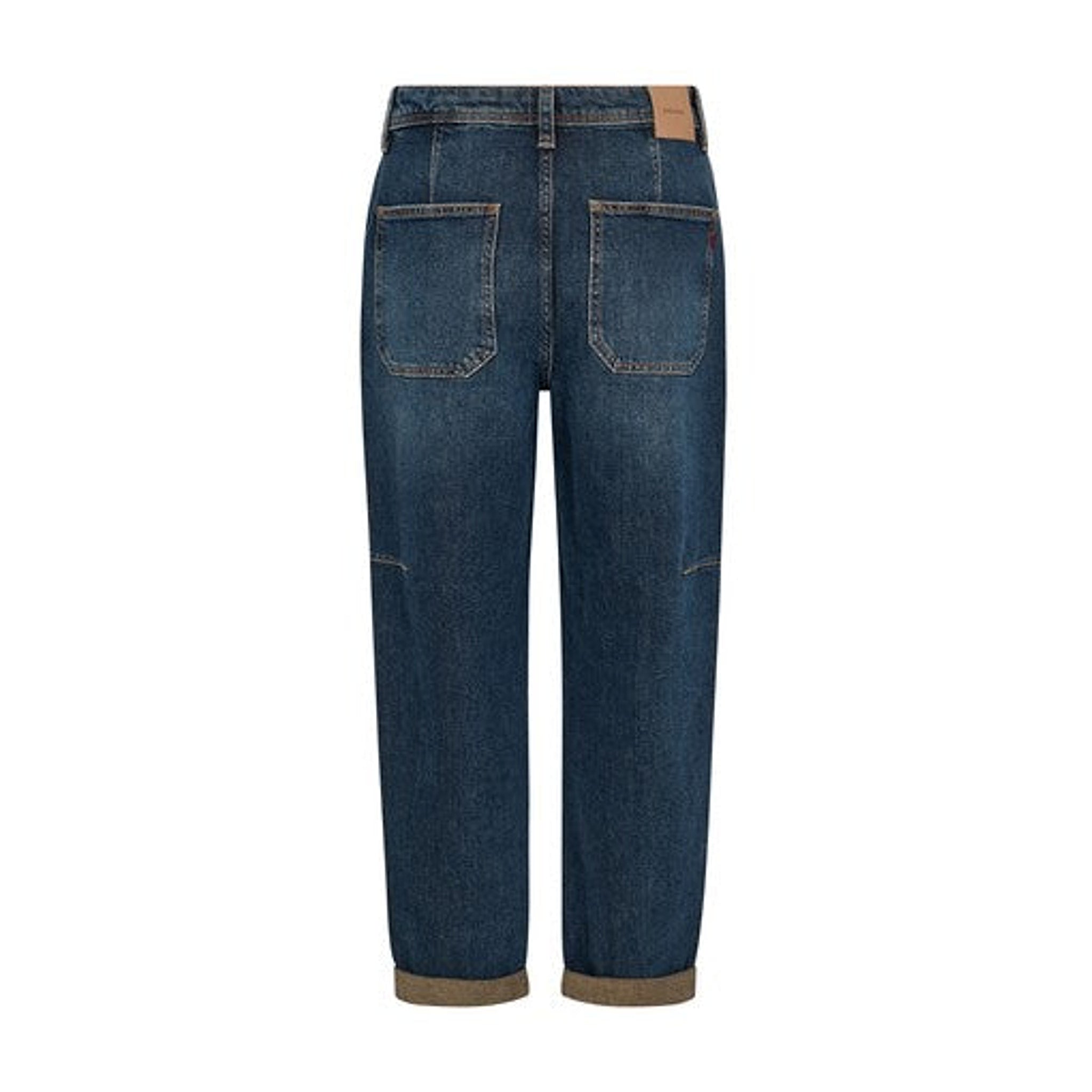 Blå barrel jeans fra Mos Mosh i Blue Tint set bagfra med to baglommer og label i linningen