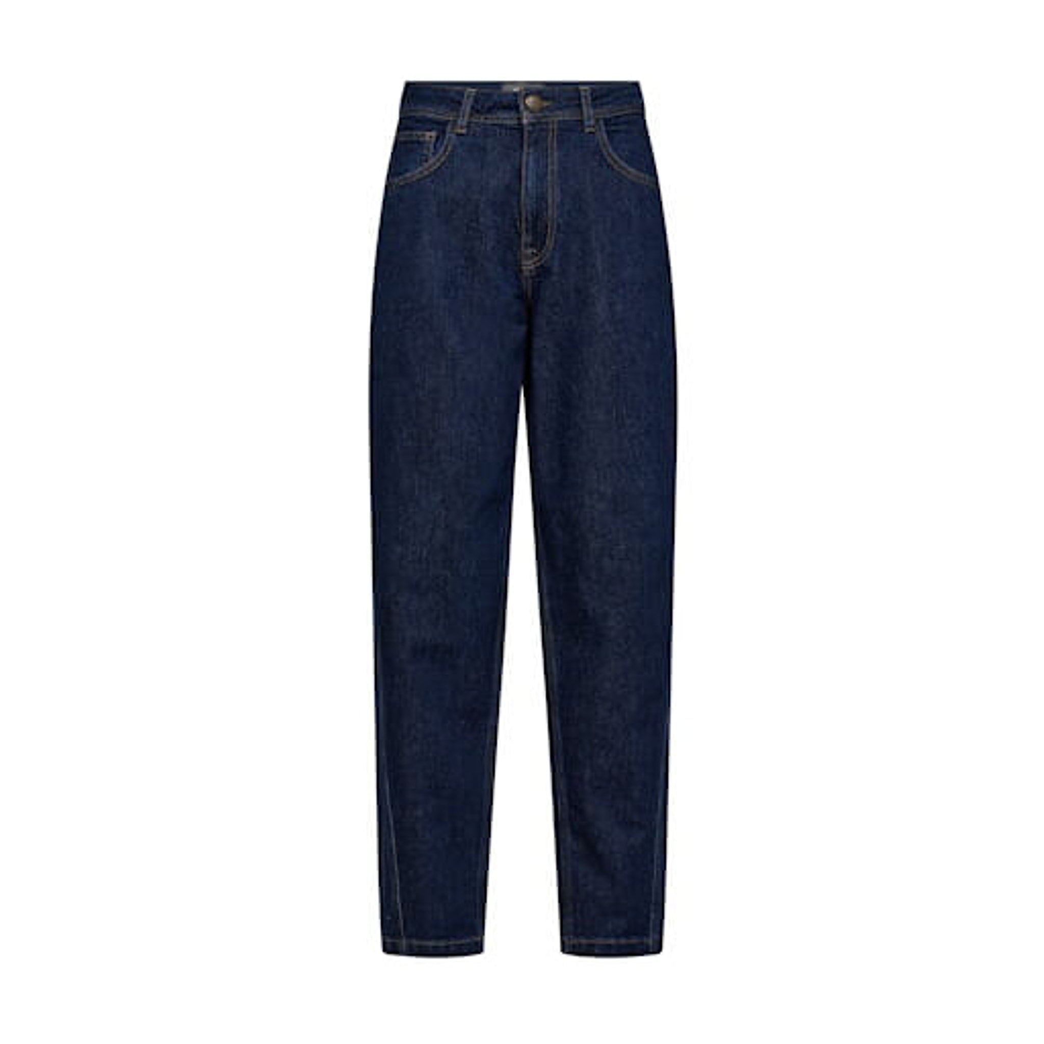 Mørkeblå barrel jeans fra Mos Mosh set forfra med knap og lommer foran